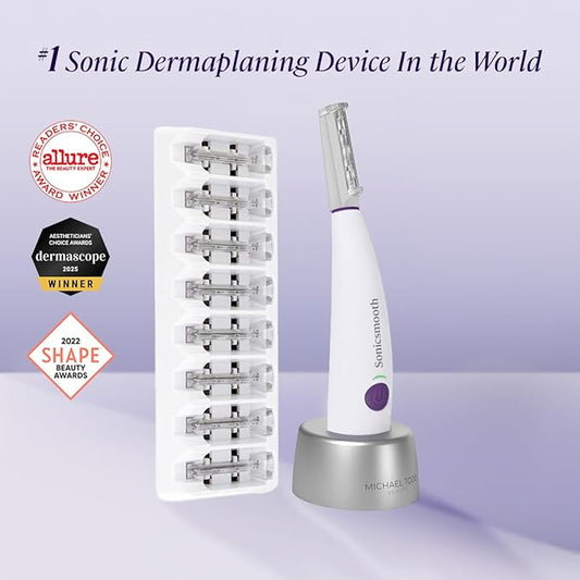 Michael Todd Beauty Sonicsmooth Dermaplane Razor for Women Face + Eyebrow trimmer Dermaplaning System - Peach Fuzz Remover - 8 Weeks of Dermaplaning Blades