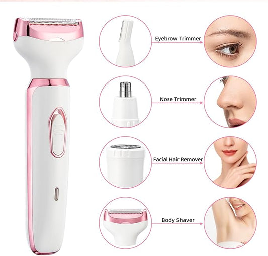 4-in-1 Electric Razor for Women - Rechargeable Painless Body & Facial Hair Remover, Bikini Trimmer for Legs, Underarm & Face, Portable Women's Shaver Set with Smooth Glide Technology