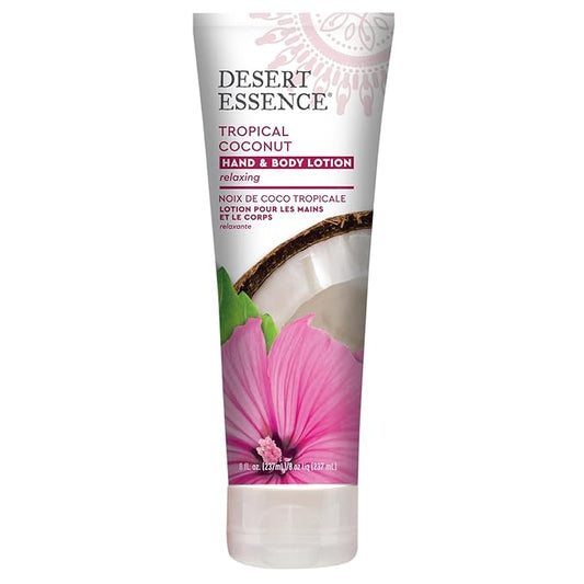 Desert Essence, Tropical Coconut Hand & Body Lotion 8 fl. oz. - Gluten Free - Vegan - Cruelty Free - Coconut Oil, Jojoba Oil & Vitamin E - Intense Hydration - Tropical Coconut Scent