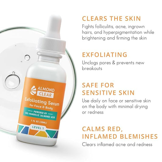 Face & Body Clearing Serum, Level 1- for acne, folliculitis, aging skin, ingrown hairs, dark spots - face, chest, butt, back, thighs, arms - mandelic acid - 1 fl oz