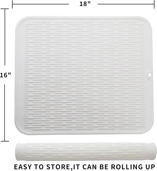 Silicone Dish Drying Mat for Multiple Usage,Easy clean,Eco-friendly,Heat-resistant Silicone Mat for Kitchen Counter or Sink,Refrigerator or Drawer Liner White XL 18 inches x 16 inches