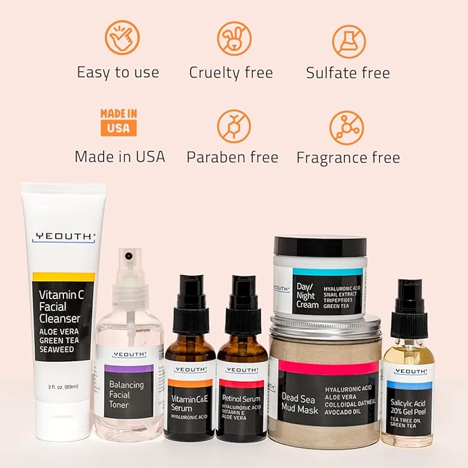 YEOUTH Skin Care Set: Vitamin C Face Wash, Toner, Vitamin C & Retinol Serum, Face Cream, Peel & Mask 7- Piece Skincare Gift Set for Teens, Women & Men