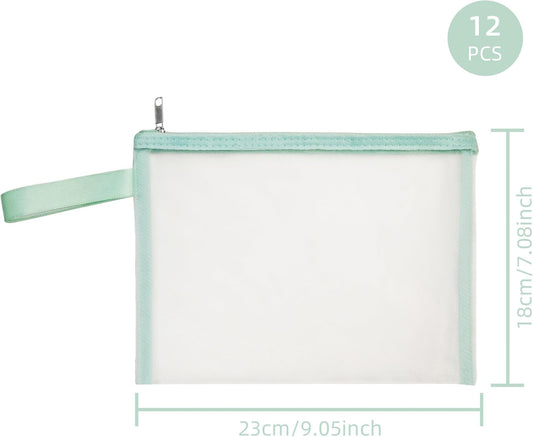 12 Psc Mesh Zipper Pouch Bags,Small Comestic Makeup Bage For Travel, Purse Organizer Pouches (Apple Green, A5*12)