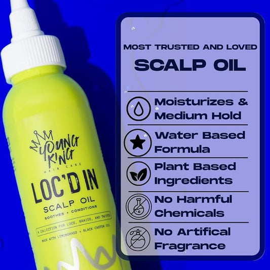 YOUNG KING HAIR CARE Growth Scalp Oil | For All Hair Types | Lemongrass and Black Castor Oil | Soothes and Conditions for Dreads, Braids, Twists | Natural Loc Care and Maintenance (4oz)