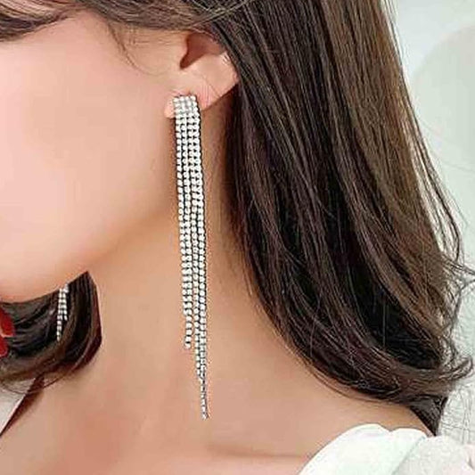 Boho Rhinestone Tassel Earrings Long Fringe Drop Dangle Earrings Silver Crystal Chain Tassel Earrings Vintage Chandelier Chain Studs Earrings Luxury Statement Earrings Jewelry for Women and Girls Gifts