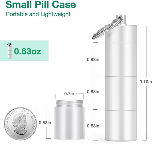 Opret Keychain Pill Holder, 3 Compartments Metal Small Pill Case, Waterproof Portable Travel Pill Box, Pill Container for Purse (Silver)