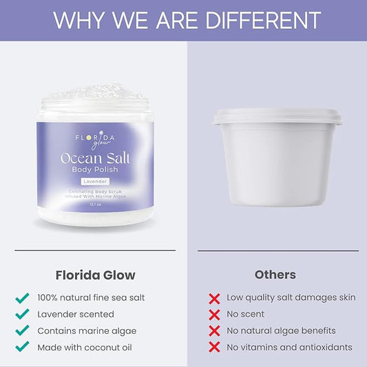 Sea Salt Body Scrub by Florida Glow - Ocean Salt Body Polish Infused with Marine Algae - Exfoliating Face and Body Scrub - to Tackle Acne and Scars for Smooth Soft Skin (Lavender, 12.1 oz)