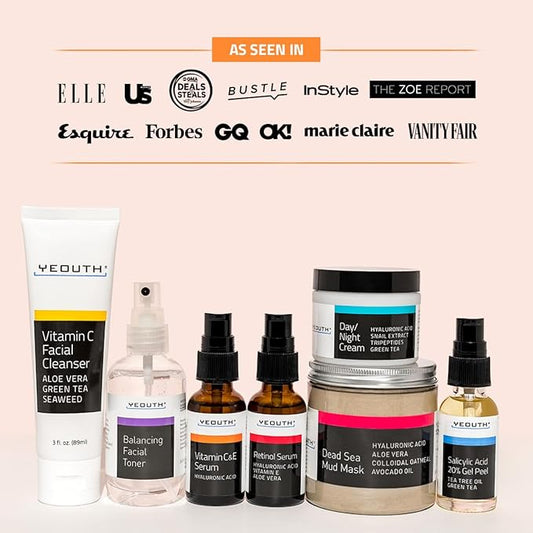 YEOUTH Skin Care Set: Vitamin C Face Wash, Toner, Vitamin C & Retinol Serum, Face Cream, Peel & Mask 7- Piece Skincare Gift Set for Teens, Women & Men