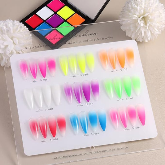 Neon Phosphor Nail Pigment Powder Palette, 9 Colors Solid Pigment Powder for Nails, Fluorescent Glitter Aura Nails Rubbing Dust with Ombre Nail Brush & Sponge Sticks Manicure Art DIY Accessories