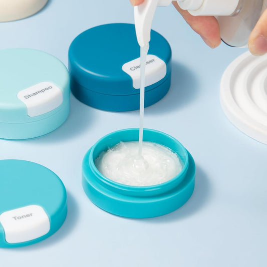 Gemice Travel Containers for Toiletries, Magnetic Travel Containers, TSA Approved Cream Jars with Toiletry Bag, Leak-proof Small 1oz Capsules Set with Multiple Labels for Organization (4 Pack)