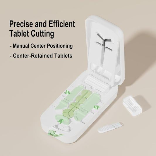 Precision Pill Cutter with Centering Guide - Multi-Angle Tablet Splitter for 1/2, 1/3 & 1/4 Cuts, Includes Pill Crusher & Storage Compartment (White)