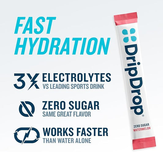 DripDrop Sugar Free Hydration Packets - Zero Classic Variety Pack - Single Serve Electrolytes Powder Drink Mix - Lemon Lime, Watermelon, Peach, Passion Fruit - Non-GMO, Gluten Free, Vegan - 16 Sticks