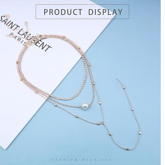 Bohemia Layered Y Lariat Choker Necklace Long Rhinestone Tennis Chain Necklace Floating Pearl Choker Necklace Gold Y Drop Necklace Chain Jewelry for Women and Girls