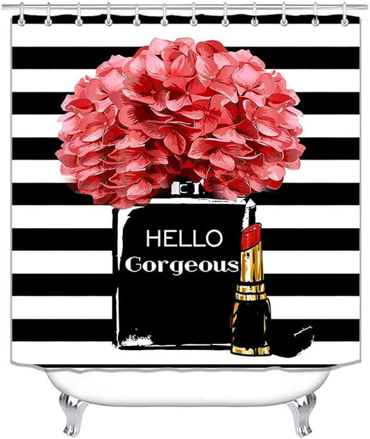 4PCS Hello Gorgeous Shower Curtain Set Watercolor Red Floral Black and White Striped Perfume Lipstick Makeup Vintage Modern Fashion Women Bathroom Decor Non-Slip Bath Mat Toilet Rug, Hydrangea