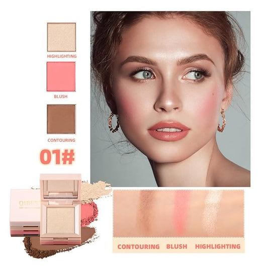 Contour and Highlight Blush Makeup Palette, Cream Bronzer, Silky Smooth Powder Blush, Shimmer Highlighter Makeup Powder, 3-in-1 Mixable Three-Piece Eyeshadow Palette with Mirror (01#)
