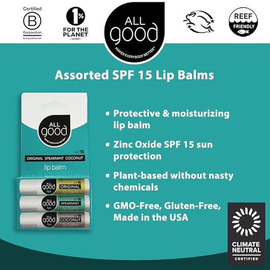 All Good Organic SPF15 Lip Balm - Hydrating Lip Care with Olive Oil, Beeswax, Calendula, Lavender, Vitamin E - Lip Moisturizer with Zinc Oxide Protection - Original, Spearmint & Coconut (9-pack)