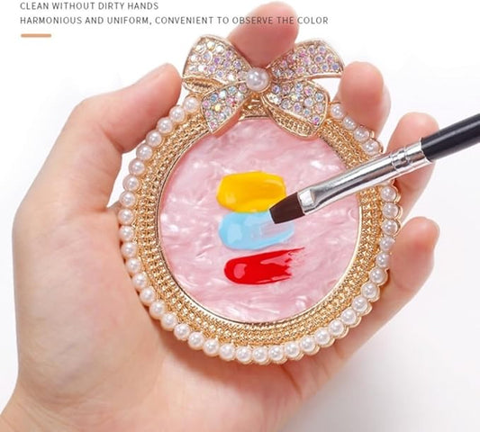 Bow Resin Nail Art Palette, Nail Polish Makeup Mixing Plate, Bow Shaped Pearl Inlaid with Diamonds Nail Display Board Palette (Pink)