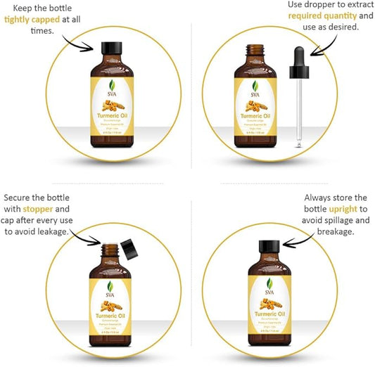 SVA Turmeric Essential Oil – 4 Fl Oz – 100% Natural Turmeric Oil - for Diffuser, Hair Care, Face, Skin Care, Aromatherapy, Scalp and Body Massage, Soap and Candle Making – with Dropper