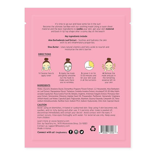 FACETORY K Beauty Face Mask Skin Care - SUN BAE SOOTHING Sheet Mask with Aloe & Shea Butter | After Sun Care, Soothe & Restore (5 Pack)