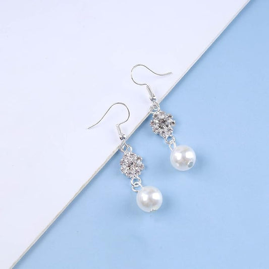 Vintage Rhinestone Pearl Drop Earrings Crystal Flower Dangle Earrings Silver Pearl Earring Cz Flower Hook Earrings Jewelry for Women