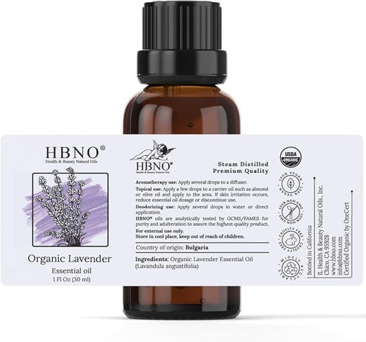 HBNO California Bottled Organic Lavender Essential Oil 1 fl oz (30ml) - USDA Certified Organic Lavender Oil for Skin, Perfect for Cleaning, Aromatherapy, DIY & Diffuser