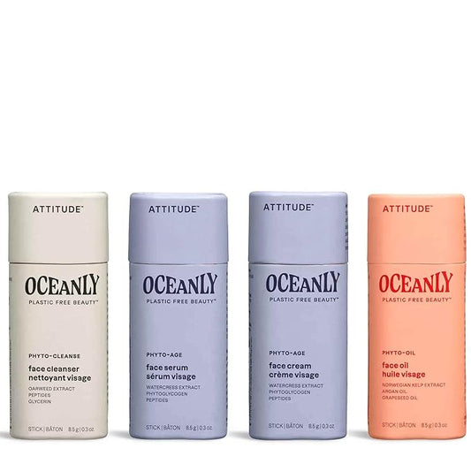 ATTITUDE Oceanly Aging Skin Daily Facial Care Routine Box Set, EWG Verified, Plastic-free, Plant and Mineral-Based Ingredients, Vegan and Cruelty-free, PHYTO AGE, Set of 4 Travel Size Bars