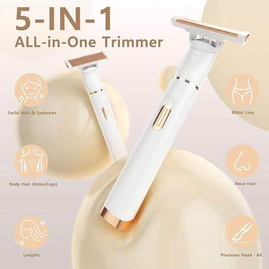 Women's 5-in-1 Electric Bikini Trimmer, USB-C Rechargeable Shaver & Trimmer for Body, Face & Nose – Painless Wet & Dry Shave (Keep Device Dry; Remove Blades for Cleaning)
