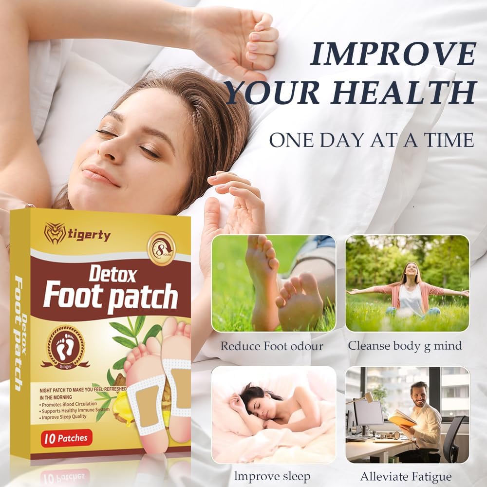 tigerty Foot Patches (10 Pieces), deep Cleansing Foot Patch, Natural Bamboo Vinegar Ginger Powder Foot Care sitckers, Adhesive Patches, Relaxation, Stress Relief, Better Sleep, 10 Pieces (1 Pack)