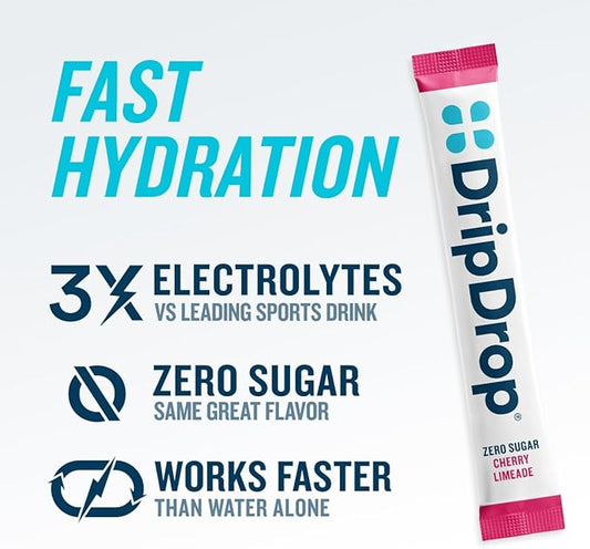 DripDrop Sugar Free Hydration Packets - Zero Cherry Limeade - Single Serve Electrolytes Powder Drink Mix - Non-GMO, Gluten Free, Vegan - 32 Sticks