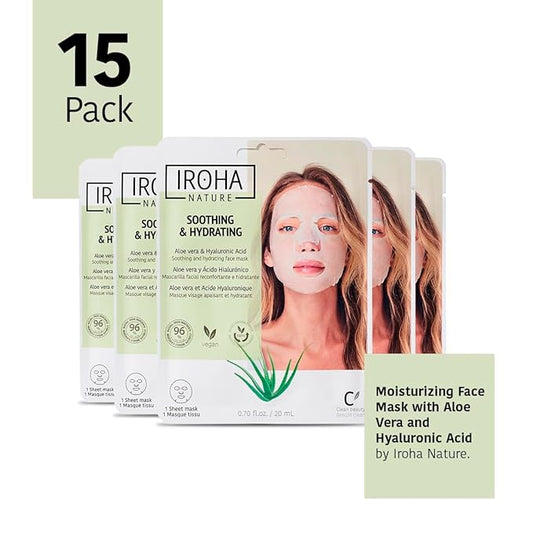 IROHA NATURE Comforting & Hydrating Tissue Face Mask with Aloe Vera | 15 Pieces | Aftersun Effect | 96% Natural Ingredients