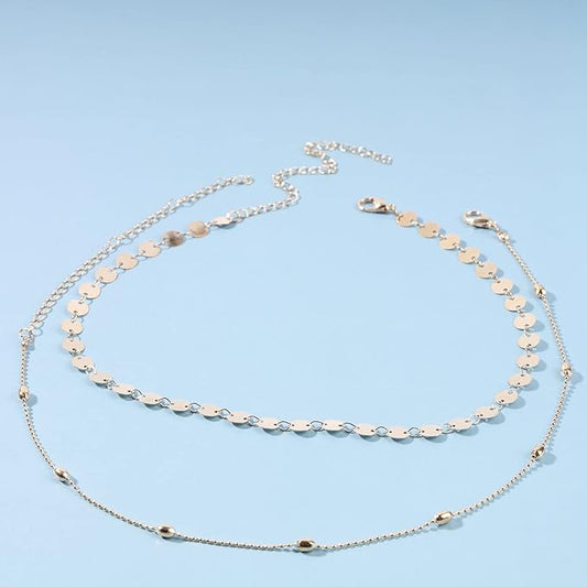 Boho Layered Satellite Disc Choker Necklace Gold Sequin Disc Chain Necklace Vintage Double Layer Necklace Short Collarbone Necklace Chain Jewelry for Women and Girls Gift