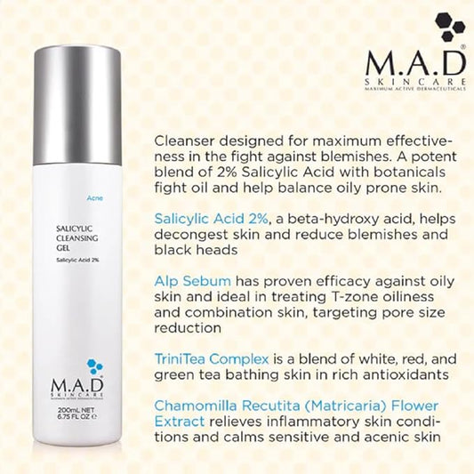 M.A.D Skincare Salicylic Cleansing Gel - Acne Facial Wash 6.75 oz.