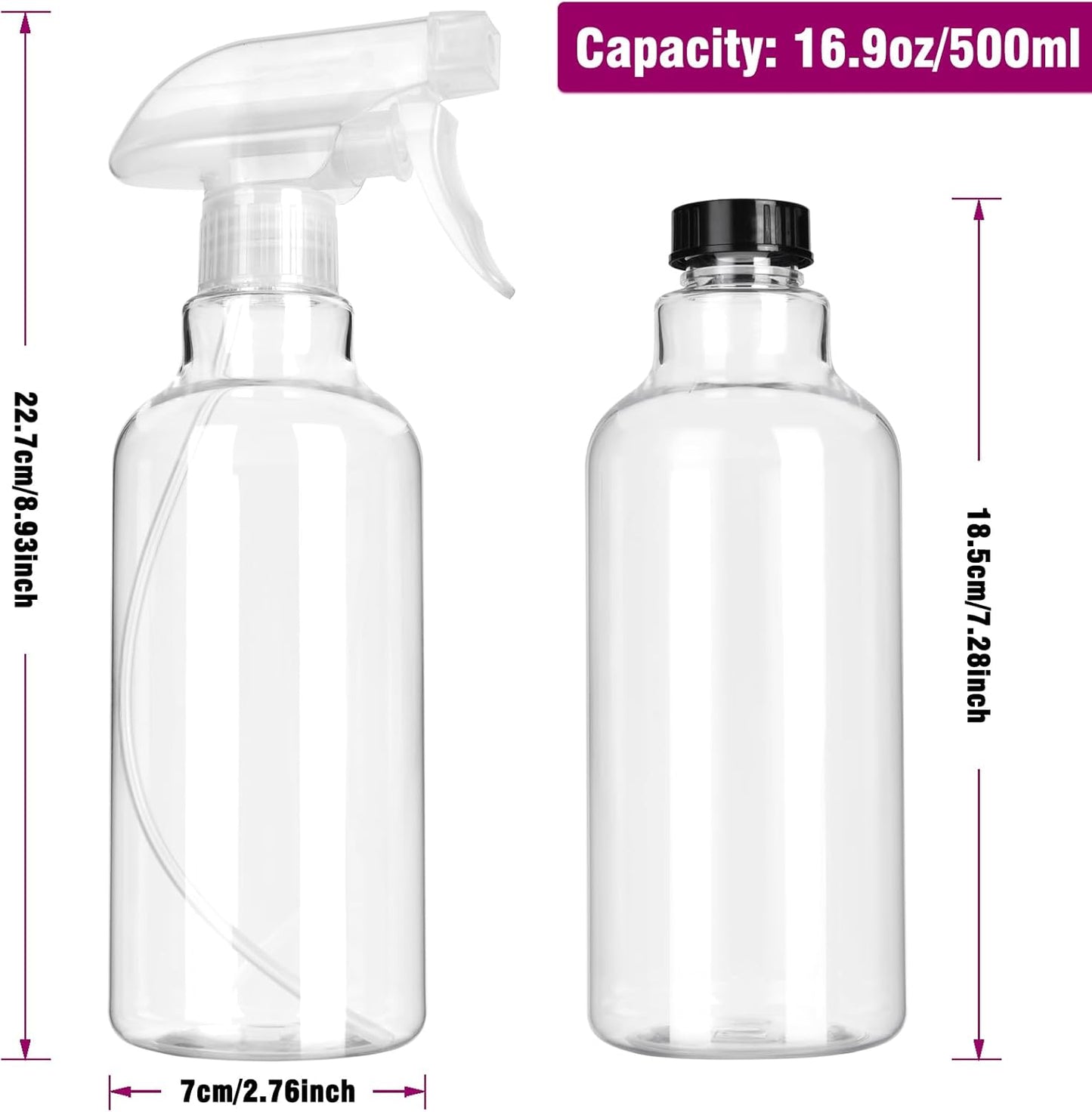 Spray Bottles - Plastic Spray Bottles for Cleaning,Empty Spray Bottle for Plants, Pet, Hair - Refillable Spray Bottle with Adjustable Mist/Stream - 16.9oz/2Pack (Clear)