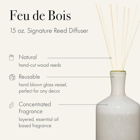 LAFCO New York Signature Reed Diffuser, Feu de Bois - 15 oz - Up to 9 Months Fragrance Life - Reusable, Hand Blown Glass Vessel - Natural Wood Reeds - Made in The USA