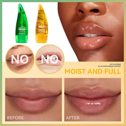 Lip Plumper Set, Natural Lip Plumper Moisturizing Aloe Vera Lip Gloss, Lip Plumper Gloss and Lip Care Serum, Beautiful Fuller, Hydrating & Reduce Fine Lines, Day and Night Ues Set