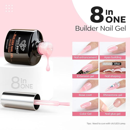 modelones Builder Nail Gel, 8-in-One Pink Builder for Nail Thickening, U/V LED Lamp Cured Hard Color Base Extension Rhinestone Tips Glue Gel Polish in a Bottle for DIY Home Manicure Women
