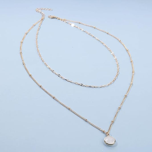 Boho Layered Opal Moonstone Necklace Choker Gold Round Opalite Necklace Clear Quartz Necklace Faceted Crystal Pendant Necklace Chain Jewelry for Women and Girls