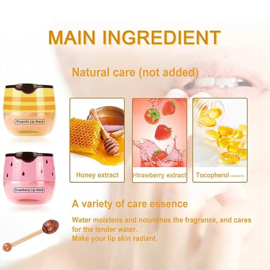 2PCS Bee Lip Balm Honey Pot & Strawberry Vitamin E Lip Sleep Masks Hydrating Prevention Dry and Cracked Lip Scrubs Exfoliator, Reduces Lip Lines,Lip Exfoliating Balm Sleeping Lip Mask
