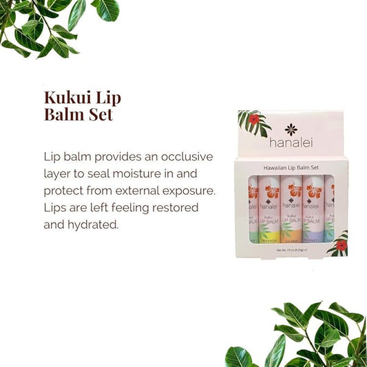 Hanalei Lip Balm and Moisturizer - Natural Kukui Oil, Beeswax Lip Moisturizer - Replenish and Repair Dry, Chapped Lips - Variety Pack (5 Tubes)