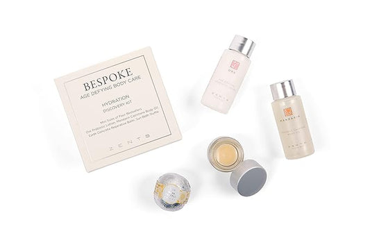Zents Hydration 4-pc Mini Set, Age defying Best Sellers Hydration Kit with Ore Probiotic Lotion, Mandarin Body Oil, Earth Reparative Balm & Sun Bath Bomb