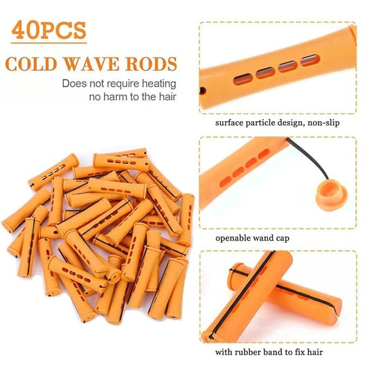40pcs Cold Wave Perm Rods Set for Women's Long & Short Natural Hair - Plastic Orange Rollers for Curling and DIY Hairdressing