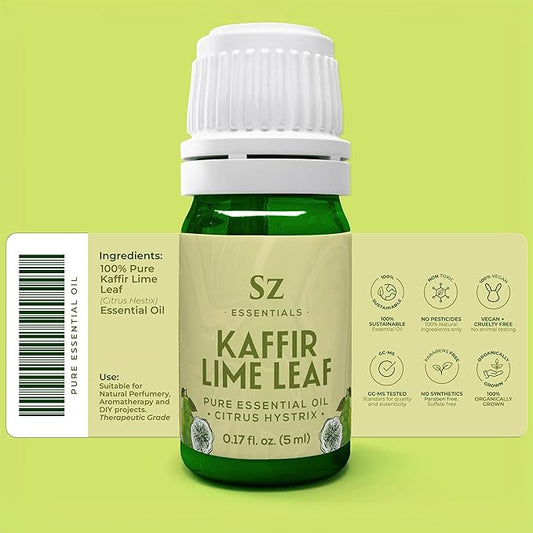 Kaffir Lime Leaf Essential Oil -100% Pure and Undiluted - Extracted from Citrus Hystrix Leaves - Earthy & Citrusy Scent with Fruity Overtones - Therapeutic Grade & Vegan - 0.17oz (5ml)
