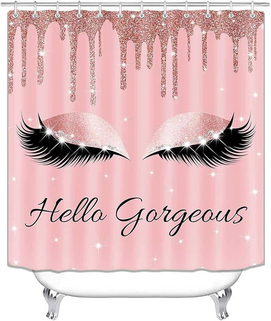4PCS Hello Gorgeous Unicorn Eyelash Shower Curtain Set Luxury Diamond Rose Gold Glitter Eyeshadow Makeup Pink Glam Beauty Fashion Girly Women Bathroom Decor Non-slip Bath Mat Toilet Rug, Bling