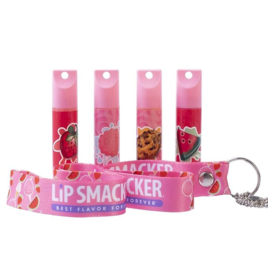 Lip Smacker Flavored Lip Balm & Pink Lanyard Set | Strawberry, Cotton Candy, Watermelon, Oatmeal Cookie Flavors | For Kids | Stocking Stuffer | Christmas Gift | Set of 4