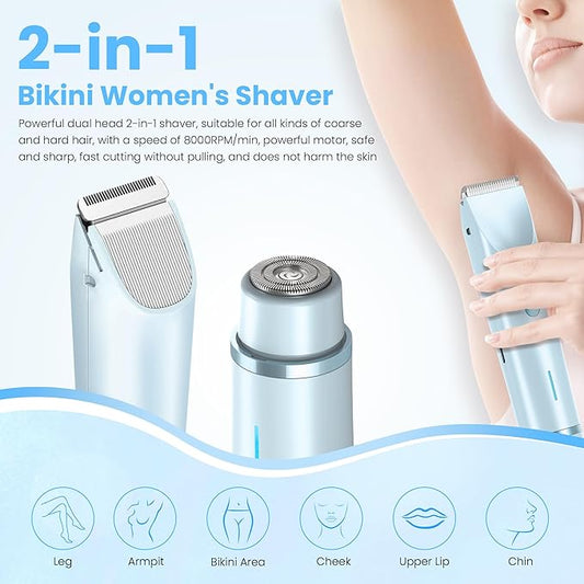 Bikini Trimmer for Women-2 in 1 Electric Razors for Women,USB Rechargeable Bikini Electric Shaver,IPX7 Waterproof Dry & Wet Use Body Hair Trimmer and Facial Hair Remover for Underarm Leg Body,Blue