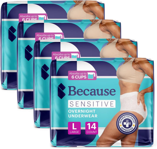 Because Adult Incontinence Underwear for Sensitive Skin - Women - Premium Overnight Disposable Briefs, Anti Odor - White, Large - Absorbs 6 Cups - 56 Count (4 Packs of 14)
