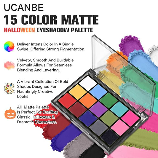 UCANBE Halloween Makeup Palette, 15 Colors Matte Black White Red Blue Green Purple Pink Eye Shadow, High Pigmented Blendable Bright & Dark Shade Pallet for Cosplay SFX Costume Stage Parties