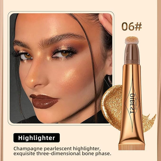 Highlighter Beauty Wand, Cream Liquid Highlighter Makeup Stick, Silky Smooth Face Shimmer Bronzer Stick with Cushion Applicator, Lightweight Body Face Glowing Highlighter, Cruelty-free(Bronze Gold)