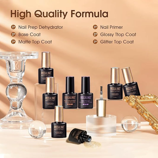 ROSALIND 8 PCS Nail Prep Dehydrator and Primer with Base Coat Top Coat, Glossy Glitter Matte Top Coat for Acrylic Gel Nail Polish Nail Art Supplies Gift