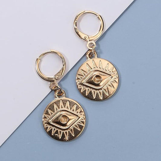 Evil Eye Coin Earrings Gold Disc Drop Earrings Evil Eye Hoop Earrings Vintage Lucky Charm Earrings Jewelry for Women and Girls